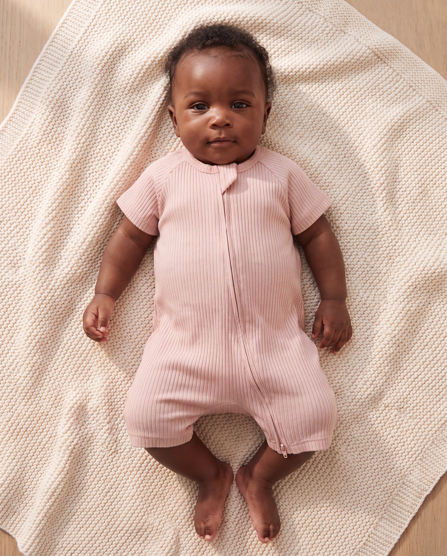Ribbed Zip Romper - Petal