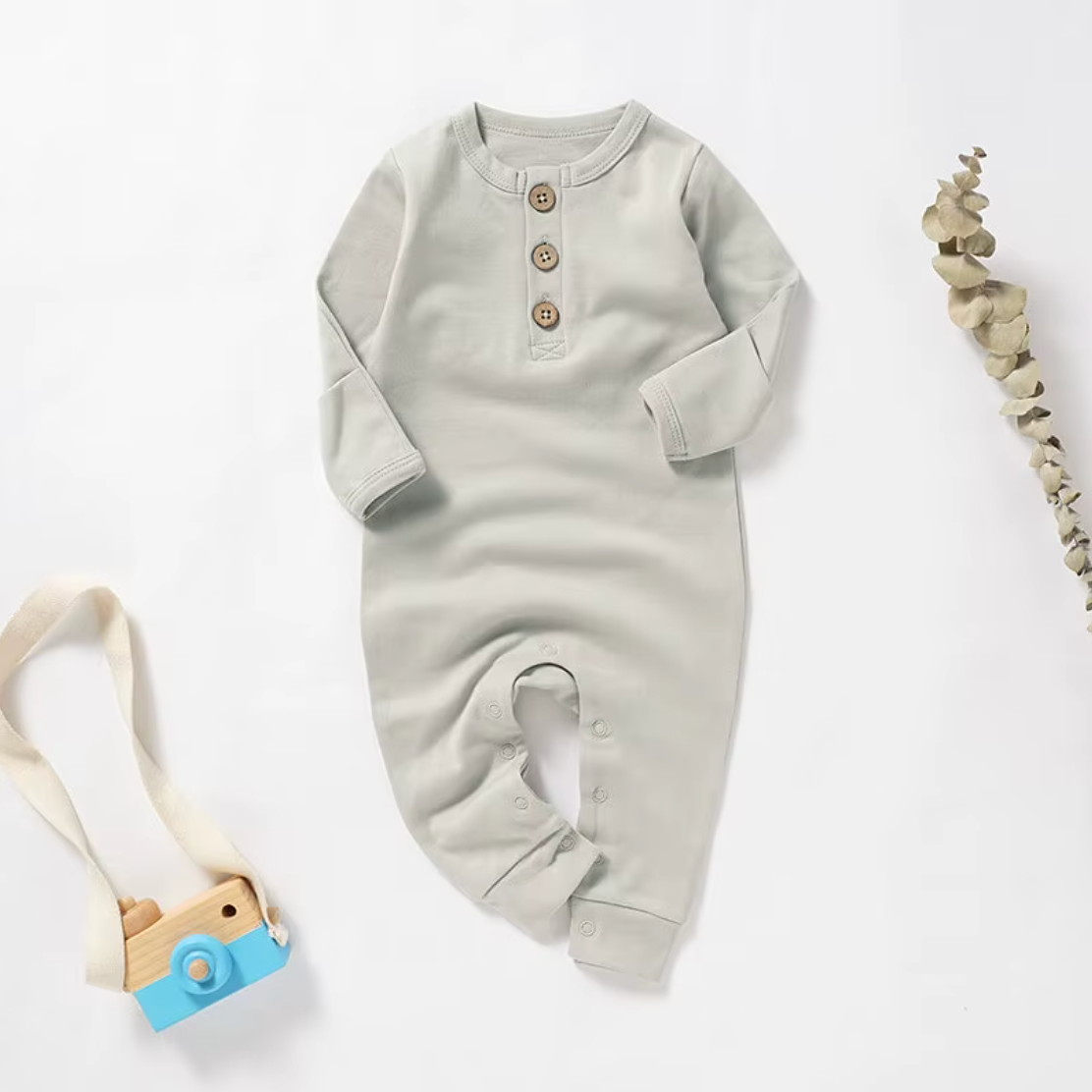 Long-Sleeve Organic Cotton Romper with Fold-Over Mittens