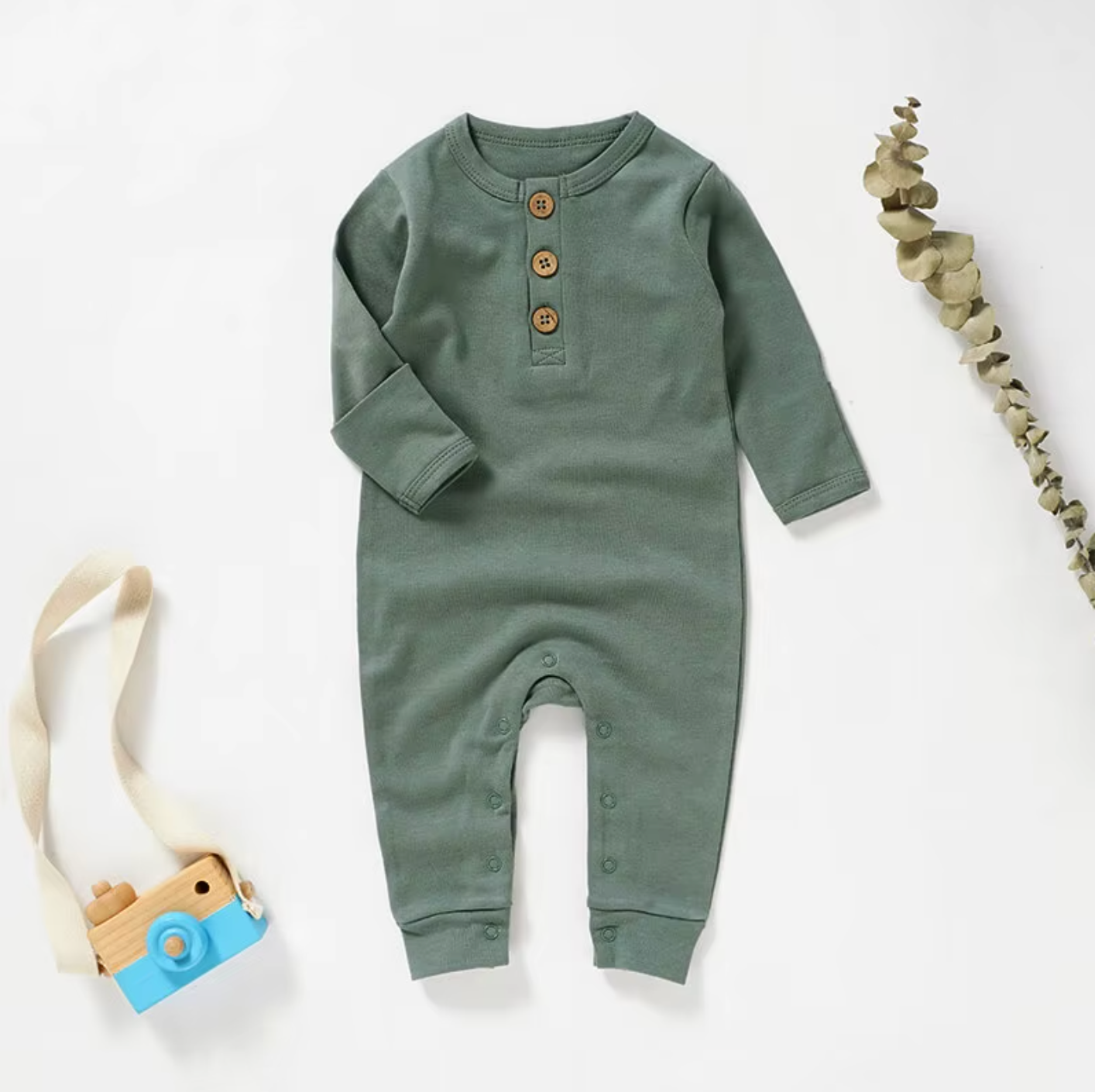 Long-Sleeve Organic Cotton Romper with Fold-Over Mittens
