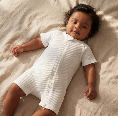 Ribbed Zip Romper - White